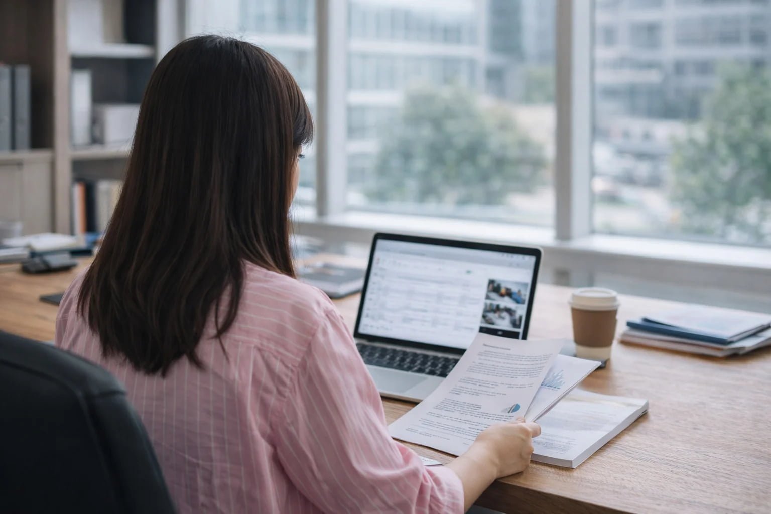 Woman working on laptop reviewing product documents in sourcing/export environment
