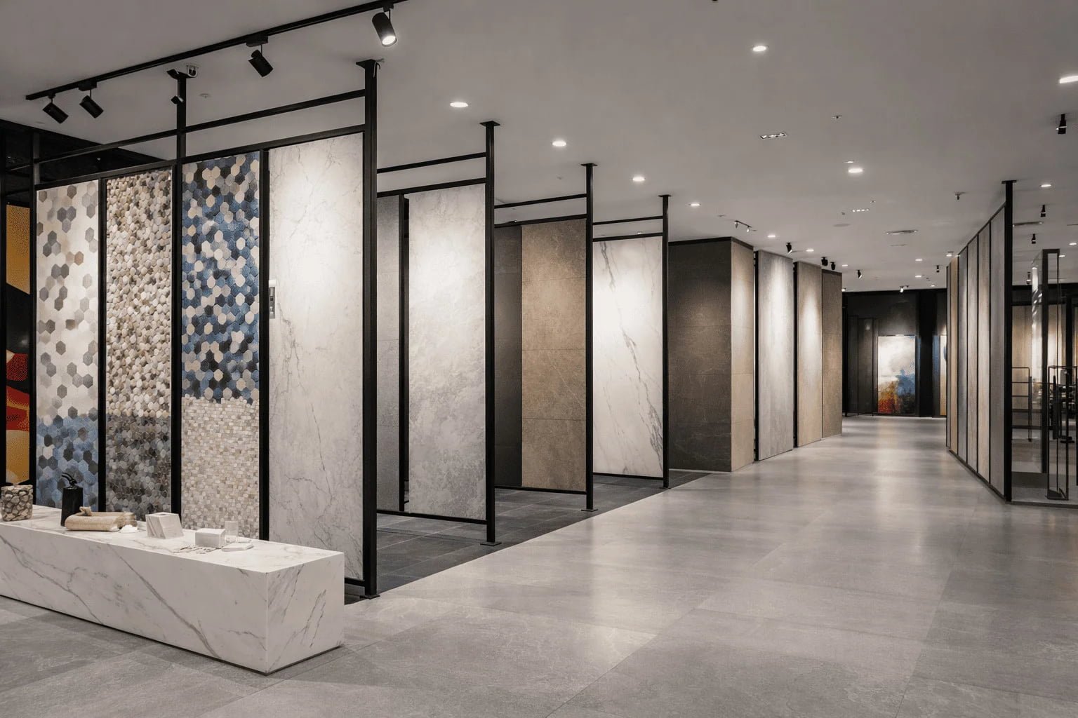 Tile showroom with large format tiles and mosaics