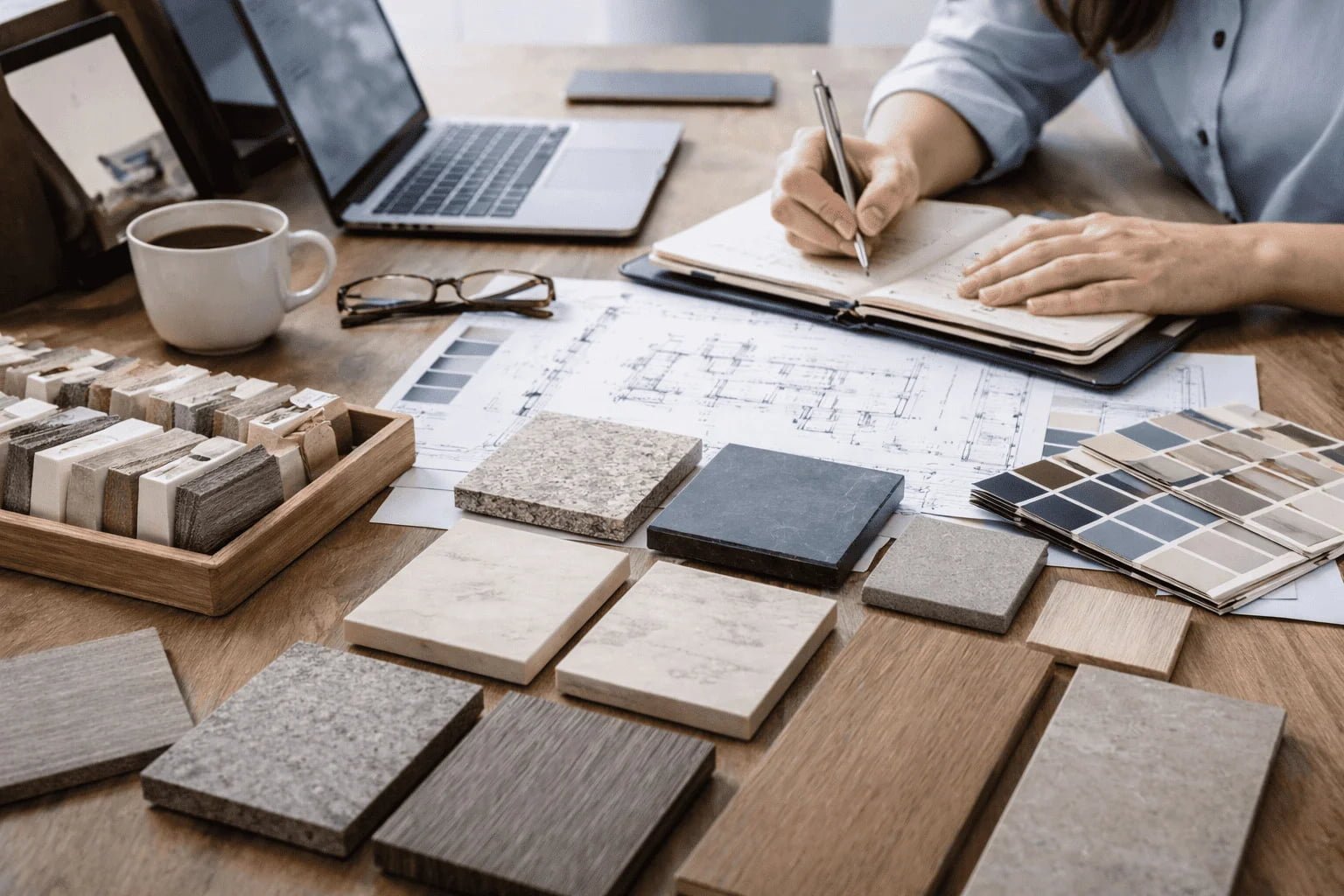 Working desk with product samples and sourcing documents